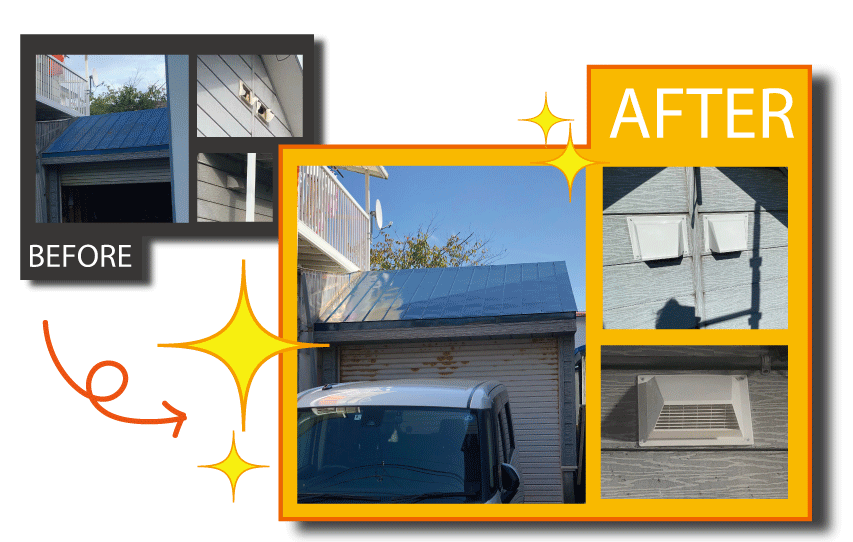 登別市若草町の車庫屋根塗装と換気フード取替えの施工事例